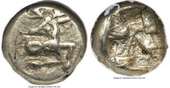 Ancients Greek IONIA. Ephesus. Phanes (ca. 625-600 BC). EL 1/12 stater or hemihecte (8mm, 1.17 gm). NGC XF 5/5 - 3/5. Forepart of stag right, head reverted / Abstract geometric pattern within incuse s