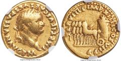 Ancients Roman Imperial Titus, as Augustus (AD 79-81). AV aureus (19mm, 6.96 gm, 5h). NGC Fine 5/5 - 4/5. Rome, AD 79. IMP TITVS CAES VESPASIAN AVG PM, laureate head of Titus right / TR P VIIII IMP XI