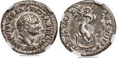 Ancients Roman Imperial Titus, as Augustus (AD 79-81). AR denarius (18mm, 3.33 gm, 7h). NGC XF 5/5 - 3/5, edge marks. Rome, AD 80. IMP TITVS CAES VESPASIAN AVG P M, laureate head of Titus right / TR P