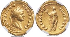 Ancients Roman Imperial Domitian, as Caesar (AD 81-96). AV aureus (21mm, 7.10 gm, 7h). NGC Choice Fine 5/5 - 4/5. Rome, AD 75. CAES AVG F-DOMIT COS III, laureate head of Domitian right / PRINCEPS-IVVE