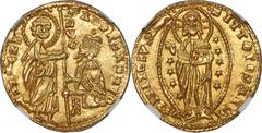 Crusader States Achaia. Robert D'Angio gold Zecchino ND (1346-64) MS67 NGC, Fr-38a, Ives-Plate XII, 1. 3.51gm. A somewhat crude Crusader imitation of a Venetian Ducat of Andrea Dandolo, yet in the fin