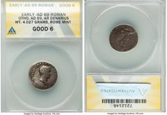 Ancients Roman Imperial Otho (January-April AD 69). AR denarius (20mm, 7h). ANACS Good 6. Rome, 15 January-9 March AD 69. IMP M OTHO CAESAR AVG TR P, bare, bewigged head of Otho right / VICTORIA-OTHON