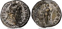 Ancients Roman Imperial Pertinax (1 January-28 March AD 193). AR denarius (17mm, 3.36 gm, 12h). NGC Choice VF 4/5 - 3/5. Rome. IMP CAES P HELV-PERTIN AVG, laureate head of Pertinax right / LAETITIA TE