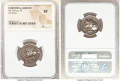 Ancients Greek CORINTHIA. Corinth. Ca. 4th century BC. AR stater (22mm, 8h). NGC XF. Ca. 375-300 BC. Pegasus flying left; Ϙ below / Head of Athena left, wearing necklace and Corinthian helmet pushed b