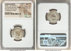 Ancients Roman Imperial Philip I (AD 244-249). AR antoninianus (21mm, 3.54 gm, 6h). NGC AU 5/5 - 4/5. Rome, AD 248. IMP PHILIPPVS AVG, radiate, draped, and cuirassed bust of Philip I right / AETERNITA