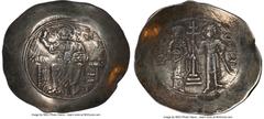 Ancients Byzantine John II Comnenus (AD 1118-1143). EL aspron trachy (34mm, 6h). NGC XF. Constantinople. IC-XC (barred), Christ seated facing on backless throne with single pellet on each arm, wearing