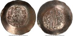 Ancients Byzantine Manuel I Comnenus (AD 1143-1180). EL aspron trachy (31mm, 4.36 gm, 6h). NGC MS 4/5 - 2/5, graffiti. Constantinople, AD 1160-1164. IC-XC (barred), Christ standing facing on dais, bea