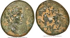 Ancients Roman Provincial LYCIA. Termessus Minor. Tiberius (AD 14-37). AE (18mm, 4.65 gm, 12h). NGC Choice VF 5/5 - 3/5. Laureate head of Tiberius right / TEP, horse galloping left; OI below. SNG Cope