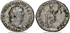 Ancients Roman Imperial Titus, as Augustus (AD 79-81). AR denarius (18mm, 7h). NGC VF, scratches. Rome, AD 79. IMP TITVS CAES VESPASIAN AVG PM, laureate head of Titus right / TR P VIIII IMP XIII COS V