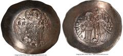 Ancients Byzantine Manuel I Comnenus (AD 1143-1180). EL aspron trachy (31mm, 4.56 gm, 5h). NGC MS 4/5 - 5/5, die shift. Constantinople, AD 1160-1164. IC-XC (barred), Christ standing facing on dais, be