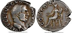 Ancients Roman Imperial Vitellius (late April-20 December AD 69). AR denarius (19mm, 3.39 gm, 7h). NGC VF 4/5 - 4/5. Rome. A VITELLIVS GERMANICVS IMP, bare head of Vitellius right / CONCOR-DIA P R, Co