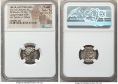 Ancients Greek LYCIA. Antiphellus. Ca. 2nd-1st centuries BC. AR drachm (16mm, 2.72 gm, 12h). NGC AU 5/5 - 4/5. Series 1, ca. 167-81 BC. Laureate head of Apollo right, hair falling in two ringlets / ΛΥ