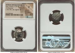 Ancients Roman Republic Marc Antony, as Imperator and Triumvir (43-30 BC). AR denarius (19mm, 4h). NGC Fine, marks. Military mint traveling with Antony, 33-32 BC, M. Junius Silanus, quaestor and proco