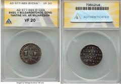 Ancients Byzantine Basil II Bulgaroctonos (AD 976-1025), and Constantine VIII. AR miliaresion (21mm, 12h). ANACS VF 20. Constantinople, AD 977-989. Єn tOVtΩ NICAt'-bASILЄIC CΩhSt', cross-crosslet, x i