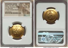 Ancients Byzantine Isaac I Comnenus (AD 1057-1059). AV histamenon nomisma (28mm, 4.30 gm, 5h). NGC AU 5/5 - 3/5, marks. Constantinople. + IhS XIS RЄX-RЄϚNANTIhM, Christ seated facing on backless thron