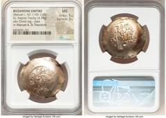 Ancients Byzantine Manuel I Comnenus (AD 1143-1180). EL aspron trachy (32mm, 4.14 gm, 5h). NGC MS 5/5 - 3/5. Constantinople, AD 1160-1164. IC-XC (barred), Christ standing facing on dais, bearded, wear