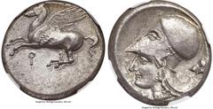 Ancients Greek CORINTHIA. Corinth. 4th century BC. AR stater (20mm, 8.52 gm, 11h). NGC Choice XF 4/5 - 3/5, die shift. Pegasus flying left, Ϙ below / Head of Athena left, wearing beaded necklace and C