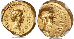 Ancients Roman Republic Octavian, as Consul (43 BC), with Julius Caesar, as Dictator Perpetuo and Pontifex Maximus. AV aureus (19mm, 8.08 gm, 7h). NGC Choice VF 3/5 - 4/5. Military mint in Transalpine