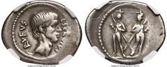 Ancients Roman Republic L. Servius Rufus (ca. 43 BC). AR denarius (22mm, 3.76 gm, 6h). NGC VF 4/5 - 3/5, light marks. Rome. L•SERVIVS-RVFVS, bare head of Brutus (?) right / The Dioscuri standing facin