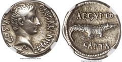 Ancients Roman Imperial Octavian, as Imperator and Triumvir (43-33 BC). AR denarius (19mm, 3.92 gm, 9h). NGC Choice VF 5/5 - 3/5, edge marks. Uncertain Eastern mint, ca. 28 BC. CAESAR•DIVI•F-COS•VI, b