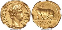 Ancients Roman Imperial Augustus (27 BC-AD 14). AV aureus (19mm, 7.86 gm, 5h). NGC XF 5/5 - 2/5, edge scuff. Lugdunum, 15-13 BC. AVGVSTVS-DIVI•F, bare head of Augustus right / IMP•X, bull charging rig