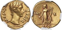 Ancients Roman Imperial Augustus (27 BC-AD 14). AV aureus (20mm, 7.83 gm, 7h). NGC VF 5/5 - 3/5. Lugdunum, 15-13 BC. AVGVSTVS-DIVI F, bare head of Augustus right / IMP-X, Apollo Citharoedus of Actium,