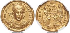 Ancients Roman Imperial Constantius II, as Augustus (AD 337-361). AV solidus (21mm, 4.43 gm, 5h). NGC AU 4/5 - 3/5, Fine Style, edge marks, flan deficit. Antioch, 5th officina, AD 355-361. FL IVL CONS