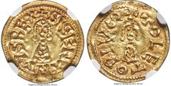 Spain Visigoths. Sisenand gold Tremissis ND (631-636) MS62 NGC, Toledo mint, Chaves-217 (R1), Cay-312, Miles-264a, CNV-354, Pliego-450b. 1.40gm. +SISENΛNDVS REX, facing bust / +TOLETO PIVS (S on side)