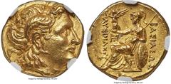 Ancients Greek THRACIAN KINGDOM. Lysimachus (305-281 BC). AV stater (18mm, 8.50 gm, 2h). NGC Choice AU S 5/5 - 4/5, Fine Style. Early posthumous issue of Byzantium, ca. 281 BC. Diademed head of deifie
