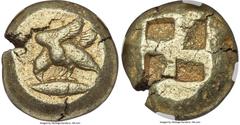 Ancients Greek MYSIA. Cyzicus. Ca. 500-450 BC. EL stater (19mm, 15.72 gm). NGC VF 4/5 - 4/5. Eagle standing left, wings open, pecking at tunny fish below / Quadripartite incuse square punch. Greenwell