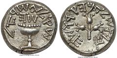 Ancients Judaea JUDAEA. The Jewish War (AD 66-70). AR shekel (22mm, 13.94 gm, 11h). Choice AU. Jerusalem or Masada, dated Year 5 (April-August AD 70). Shekel of Israel (Paleo-Hebrew), omer cup with pe