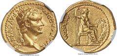 Ancients Roman Imperial Tiberius (AD 14-37). AV aureus (20mm, 7.88 gm, 7h). NGC Choice AU 5/5 - 3/5. Lugdunum, ca. AD 14-17. TI CAESAR DIVI-AVG F AVGVSTVS, laureate head of Tiberius right / PONTIF-MAX