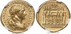 Ancients Roman Imperial Trajan (AD 98-117). AV aureus (20mm, 7.23 gm, 7h). NGC AU S 5/5 - 5/5. Rome, AD 112-113. IMP TRAIANO AVG GER DAC P M TR P COS VI P P, laureate, draped, and cuirassed bust of Tr