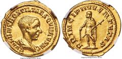 Ancients Roman Imperial Hostilian, as Caesar (AD 250-251). AV aureus (19mm, 3.89 gm, 7h). NGC AU 4/5 - 3/5, edge scuff. Rome, AD 251. C VALENS HOSTIL MES QVINTVS N C, bare headed, draped bust of Hosti