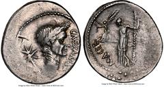 Ancients Roman Republic Julius Caesar, as Imperator (January-February 44 BC), with Publius Sepullius Macer, as Moneyer. AR denarius (20mm, 3.91 gm, 1h). NGC Choice VF 4/5 - 3/5, bankers mark, brushed.