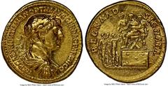 Ancients Roman Imperial Trajan (AD 98-117). AV aureus (20mm, 7.14 gm, 7h). NGC Choice XF 5/5 - 3/5, Fine Style, brushed. Rome, AD 114-117. IMP CAES NER TRAIAN OPTIM AVG GER DAC PARTHICO, laureate, dra