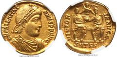Ancients Roman Imperial Valentinian I, Western Roman Empire (AD 364-375). AV solidus (21mm, 4.34 gm, 11h). NGC AU 5/5 - 4/5. Thessalonica, AD 364. D N VALENTINI-ANVS P F AVG, pearl-diademed, draped, a
