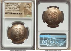 Ancients Byzantine Manuel I Comnenus (AD 1143-1180). EL aspron trachy (32mm, 4.25 gm, 6h). NGC MS 5/5 - 4/5. Constantinople, AD 1160-1164. IC-XC (barred), Christ standing facing on dais, bearded, wear