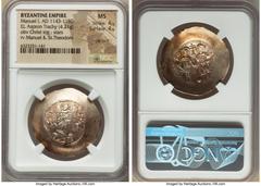 Ancients Byzantine Manuel I Comnenus (AD 1143-1180). EL aspron trachy (32mm, 4.21 gm, 5h). NGC MS 4/5 - 4/5, die shift. Constantinople, AD 1160-1164. IC-XC (barred), Christ standing facing on dais, be