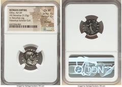Ancients Roman Imperial Otho (January-April AD 69). AR denarius (18mm, 3.23 gm, 5h). NGC Choice VF 4/5 - 2/5, brushed. Rome. IMP M OTHO CAESAR AVG TR P, bare, bewigged head of Otho right / SECVRI-TAS 