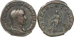 Gordian I Africanus. A.D. 238. AE sestertius (28 mm, 17.43 g, 12 h). Rome. Laureate, draped and cuirassed bust of Gordian I right / Providentia standing left, leaning on column, holding wand over glob