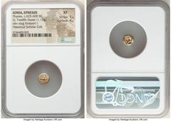 Ancients Greek IONIA. Ephesus. Phanes (ca. 625-600 BC). EL 1/12 stater or hemihecte (8mm, 1.17 gm). NGC XF 5/5 - 4/5. Forepart of stag right, head reverted / Abstract geometric pattern within incuse s