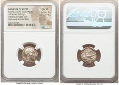 Ancients Greek LYCIAN DYNASTS. Kherei (ca. 440-410/390 BC). AR stater (18mm, 8.62 gm, 10h). NGC Choice VF 4/5 - 4/5. Uncertain mint. Helmeted head of Athena right, wearing crested Attic helmet decorat