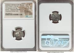 Ancients Roman Republic Julius Caesar, as Dictator Perpetuo (February-March 44 BC), with Publius Sepullius Macer, as Moneyer. AR denarius (16mm, 3.91 gm, 5h). NGC Choice VF 3/5 - 3/5, brushed. Rome, F