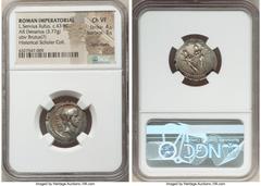 Ancients Roman Republic L. Servius Rufus (ca. 43 BC). AR denarius (20mm, 3.77 gm, 5h). NGC Choice VF 4/5 - 3/5, light marks. Rome. L•SERVIVS-RVFVS, bare head of Brutus (?) right / The Dioscuri standin