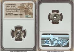 Ancients Roman Imperial Vitellius (late April-20 December AD 69). AR denarius (18mm, 3.27 gm, 6h). NGC XF 4/5 - 3/5. Rome. A VITELLIVS GERM IMP AVG TR P, bare head of Vitellius right / XV VIR-SACR FAC