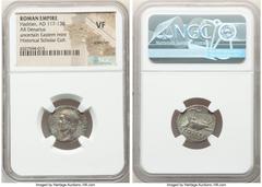 Ancients Roman Imperial Hadrian (AD 117-138). AR denarius (18mm, 2.91 gm, 1h). NGC VF, scratches. Uncertain Eastern mint, AD 124-128. HADRIANVS-AVGVSTVS, bare head of Hadrian left / COS III, galley wi