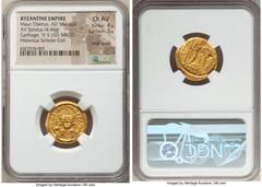 Ancients Byzantine Maurice Tiberius (AD 582-602). AV solidus (20mm, 4.44 gm, 7h). NGC Choice AU 4/5 - 3/5, edge bump. Carthage, dated Indictional Year 5 (AD 586/7). D N mAVRIC-TIb PP AV AN Є, pearl-di