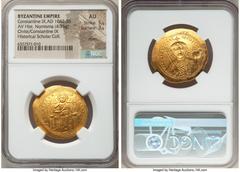 Ancients Byzantine Constantine IX Monomachus (AD 1042-1055). AV histamenon nomisma (28mm, 4.35 gm, 5h). NGC AU 5/5 - 3/5, marks. Constantinople. + IhS XIS RЄX-RЄGNANTIhm, Christ seated facing on thron