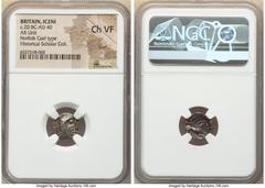Ancients Celtic BRITAIN. Iceni. Ca. 20 BC-AD 40. AR unit (13mm, 12h). NGC Choice VF, scuff. Uninscribed coinage, Norfolk God Type. Male head right, oval eye, wearing mustache, short dashes for hair wi
